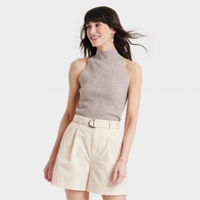 Womens Cable Mock Turtleneck Pullover Sweater - A New Day Taupe XS Product Image