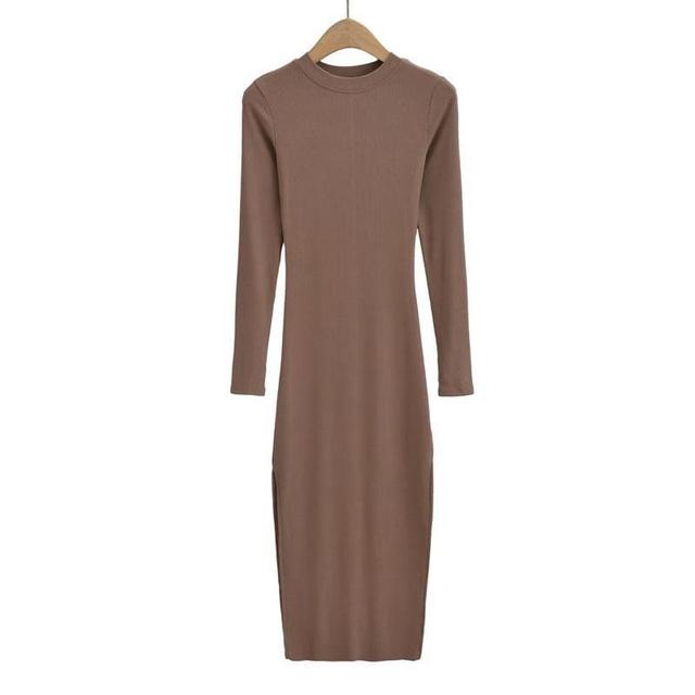 Long-Sleeve Crew Neck Plain Slit Midi Bodycon Dress Product Image