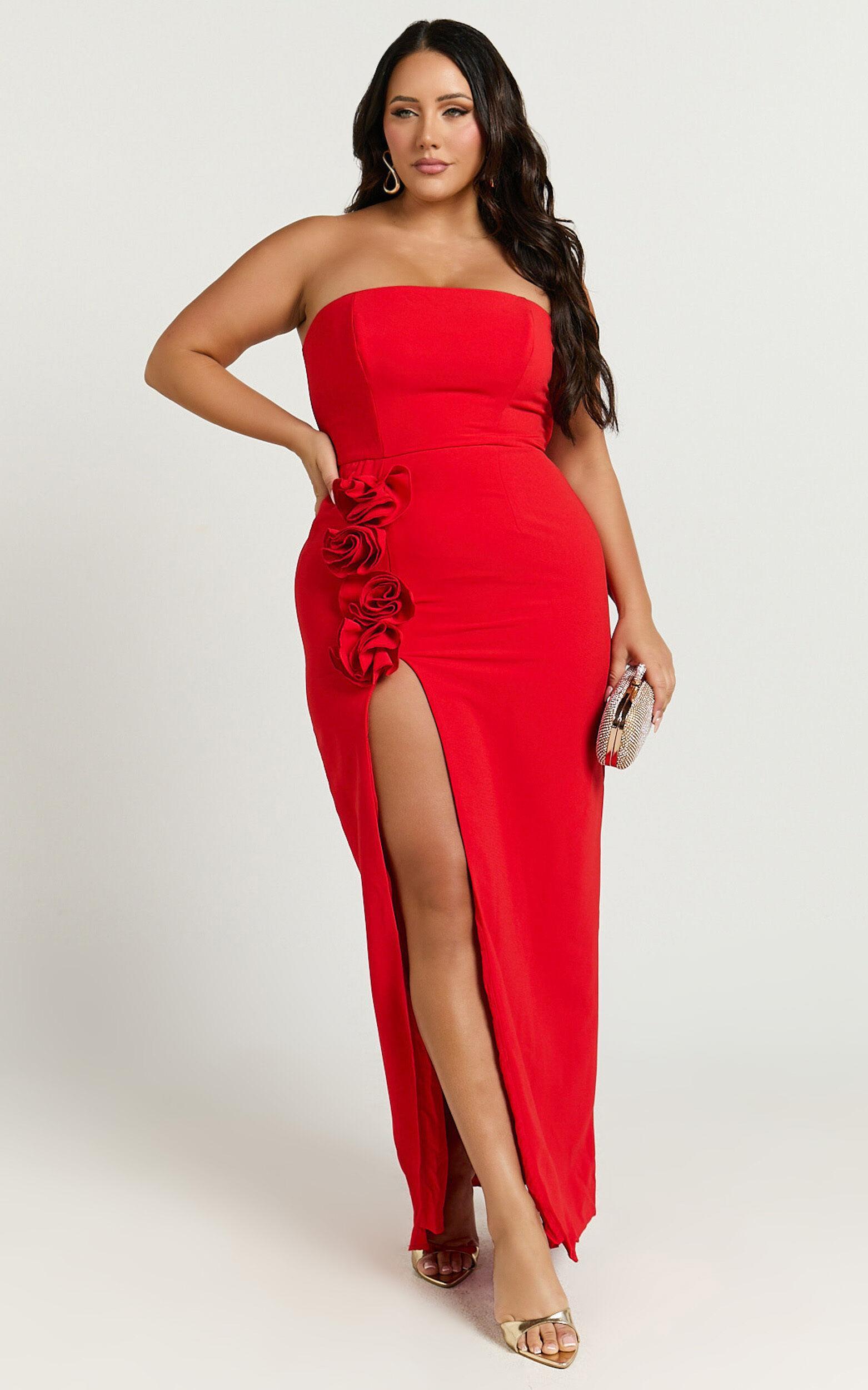 Ebby Maxi Dress - Strapless Rosette Thigh Split Dress in Red Product Image