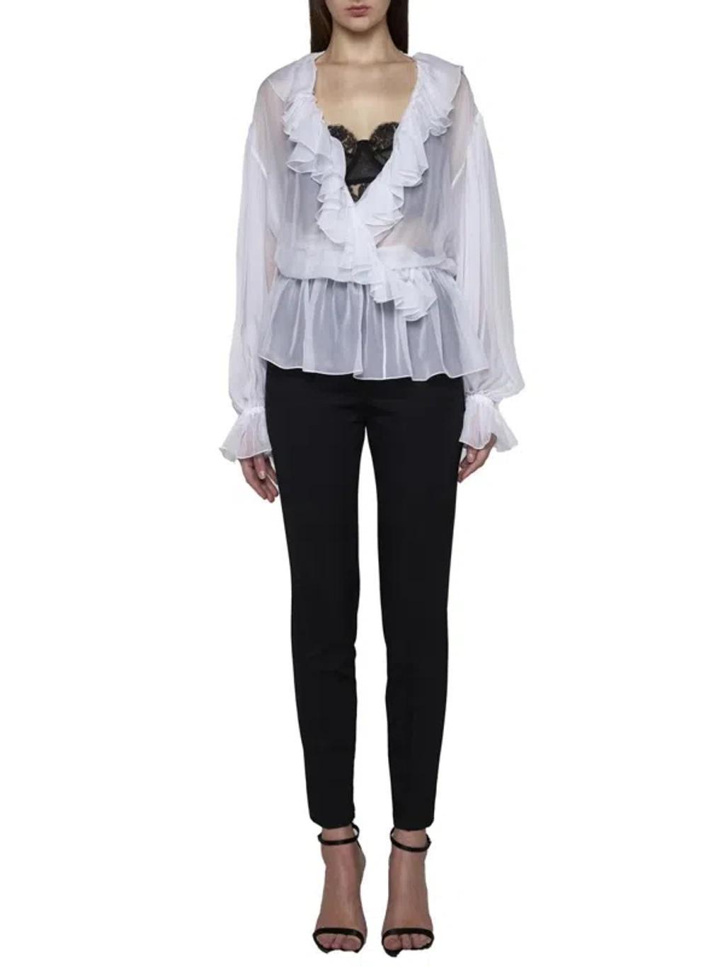 Ruffled Silk Blouse In White Product Image