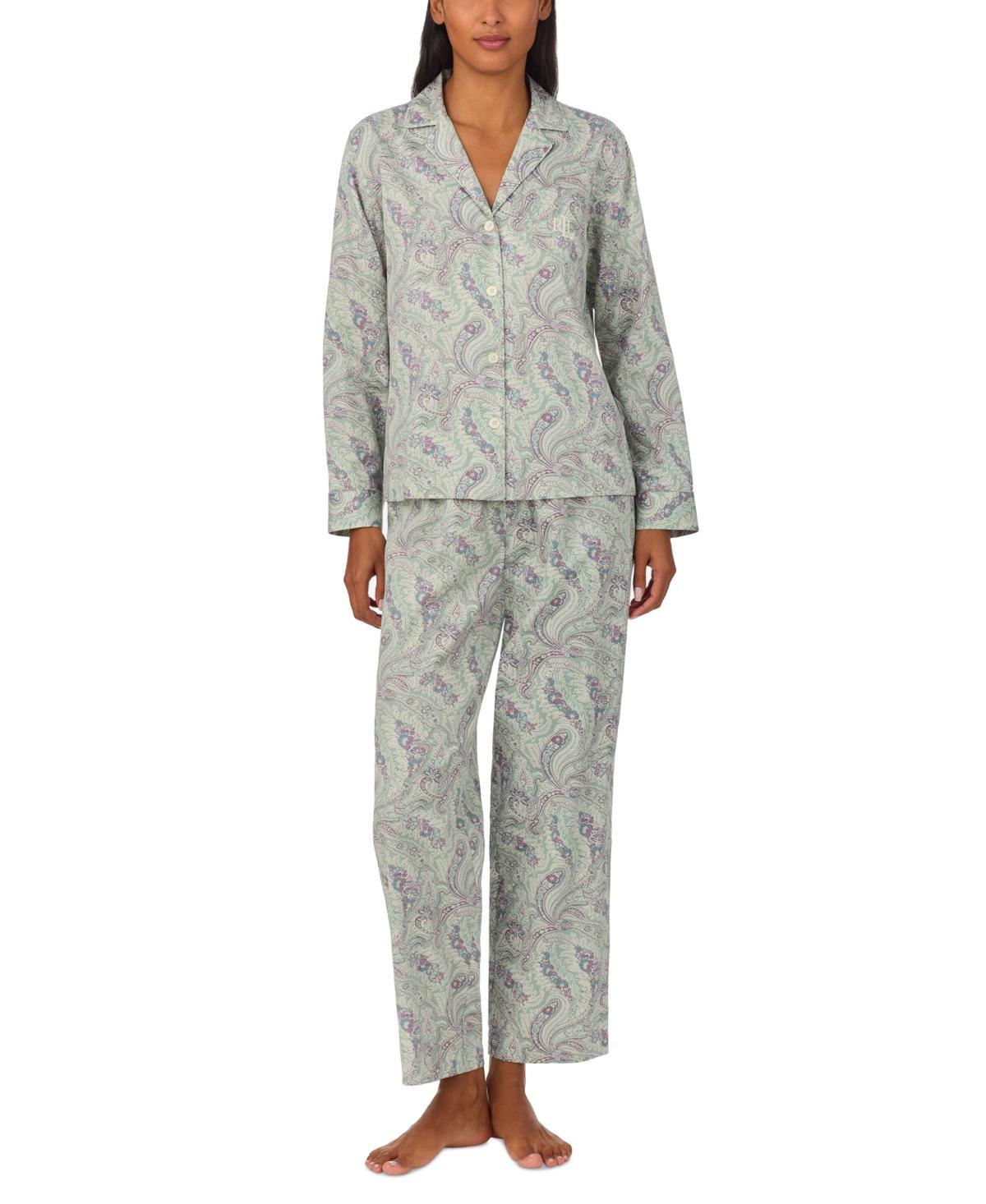 Lauren Ralph Lauren Womens 2-Pc. Long-Sleeve Notch-Collar Long Pants Pajama Set - Cream Product Image