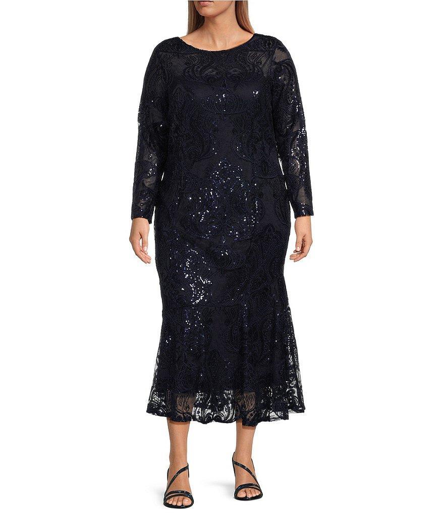 Marina Plus Size Long Sleeve Boat Neck V-Back Sequin Lace Midi Dress Product Image