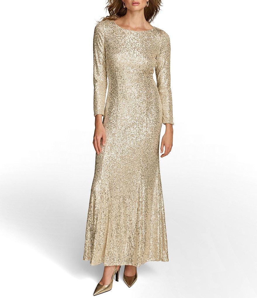 Donna Karan All Over Sequin Round Neck Long Sleeve Sheath Gown Product Image