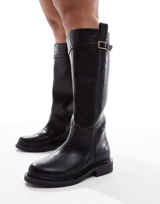 ASOS DESIGN Curve Callie smart flat riding knee boots in black Product Image