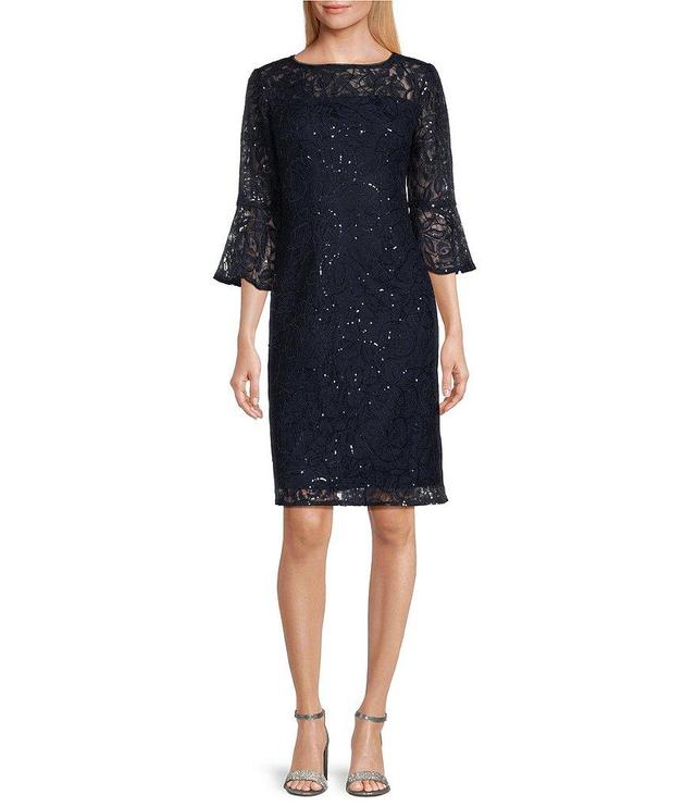 Alex Evenings Petite Size Lace Sequin 3/4 Bell Sleeve Boat Neck Sheath Dress Product Image