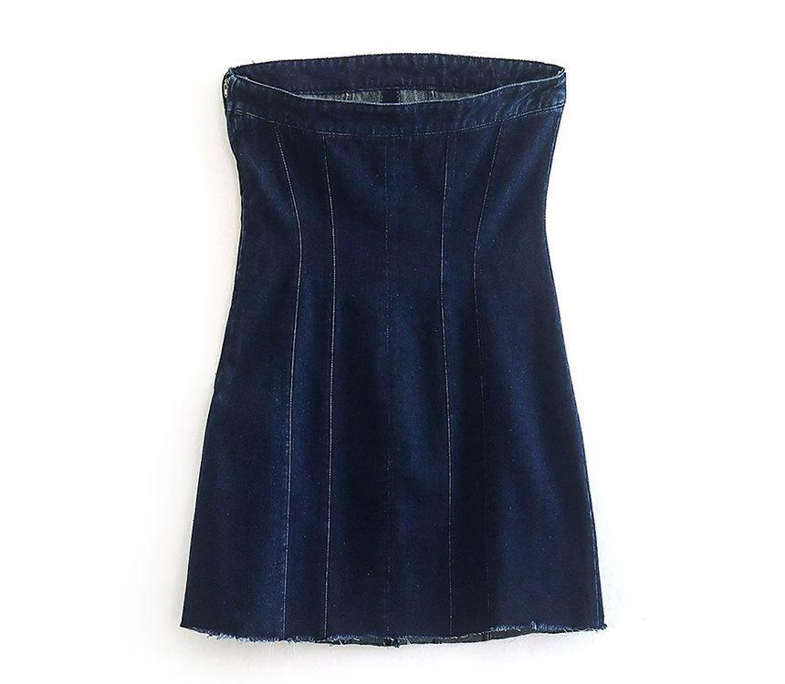 Strapless Washed Tassel Trim Mini Denim Bodycon Dress Product Image