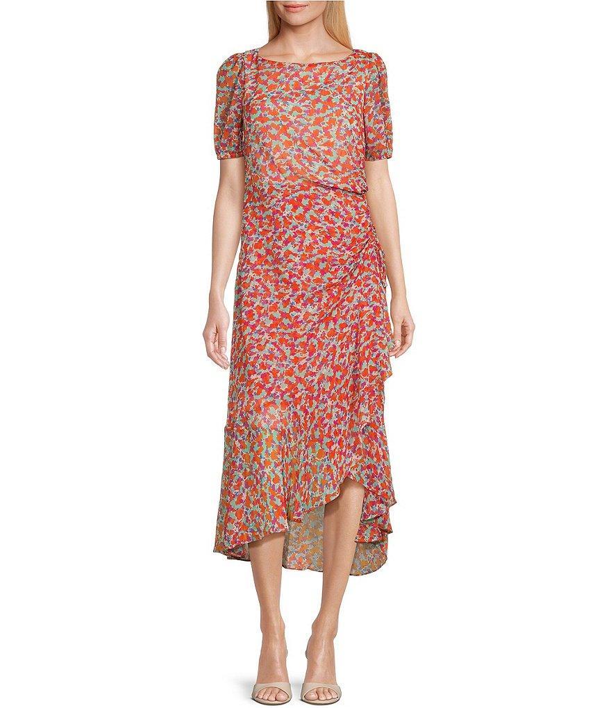 Julia Jordan Printed Boat Neck Short Sleeve Ruched Bodice Midi Dress Product Image