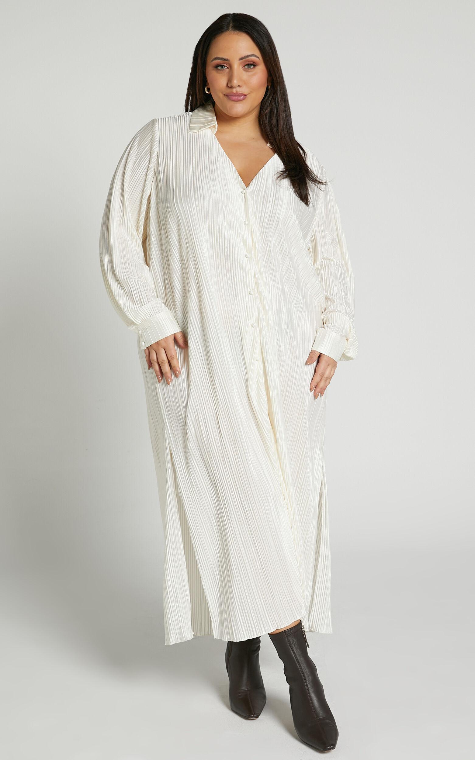 Donelli Midi Dress - Plisse Oversized Collared Shirt Dress in Cream Product Image