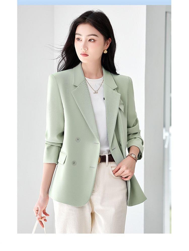 Notch Lapel Plain Double-Breasted Blazer Product Image