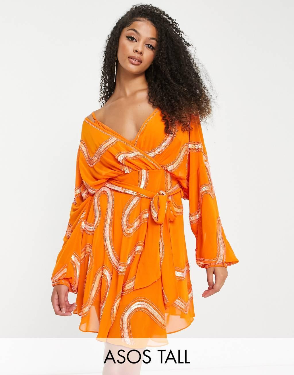 ASOS DESIGN Tall Rouleaux loop tie waist mini dress with swirl embellishment in orange Product Image