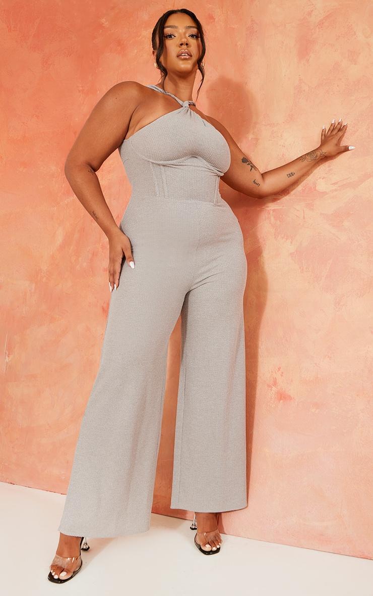  Plus Grey Twist Neck Corset Wide Leg Jumpsuit Product Image