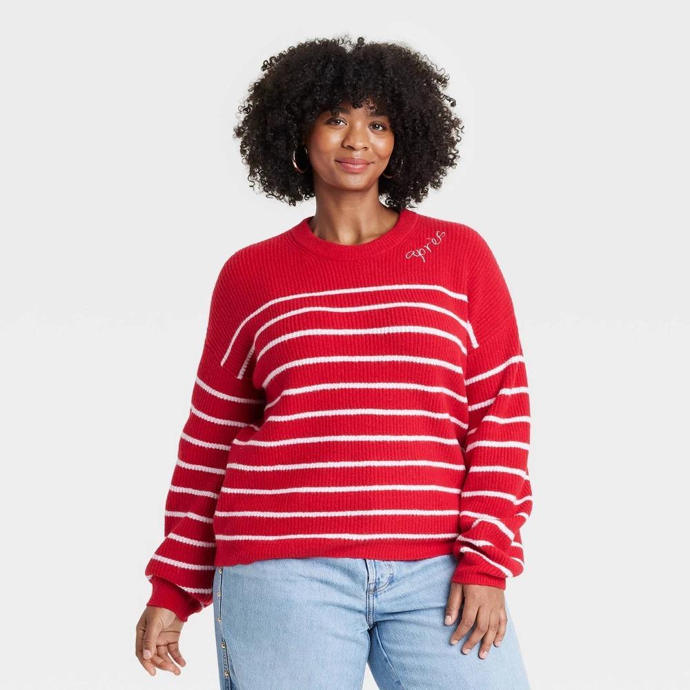 Womens Holiday Crewneck Pullover Sweater - A New Day Red Striped 1X product image