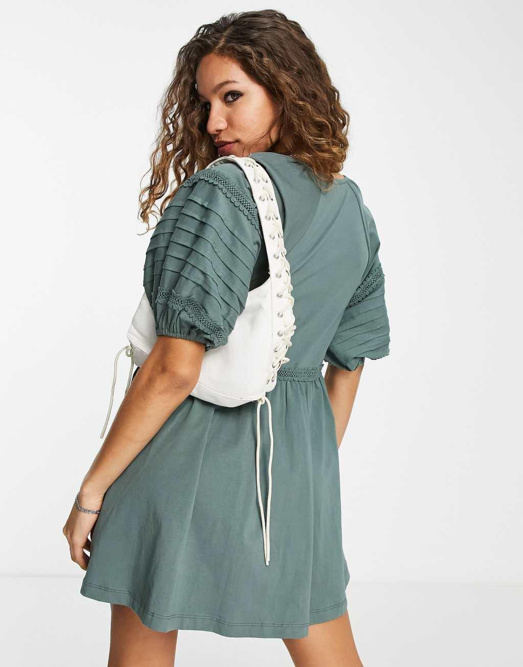 ASOS DESIGN mini smock dress with sleeve detail and floral embroidery in khaki Product Image