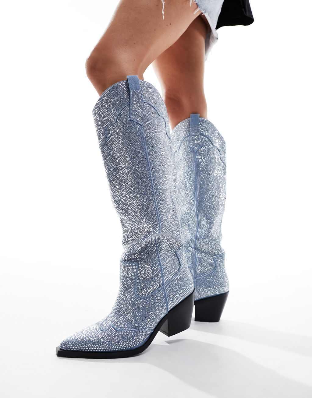 Azalea Wang Louella western knee boot in embellished denim Product Image