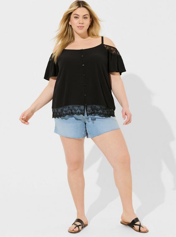 Gauze Cold Shoulder Lace Trim Top Product Image