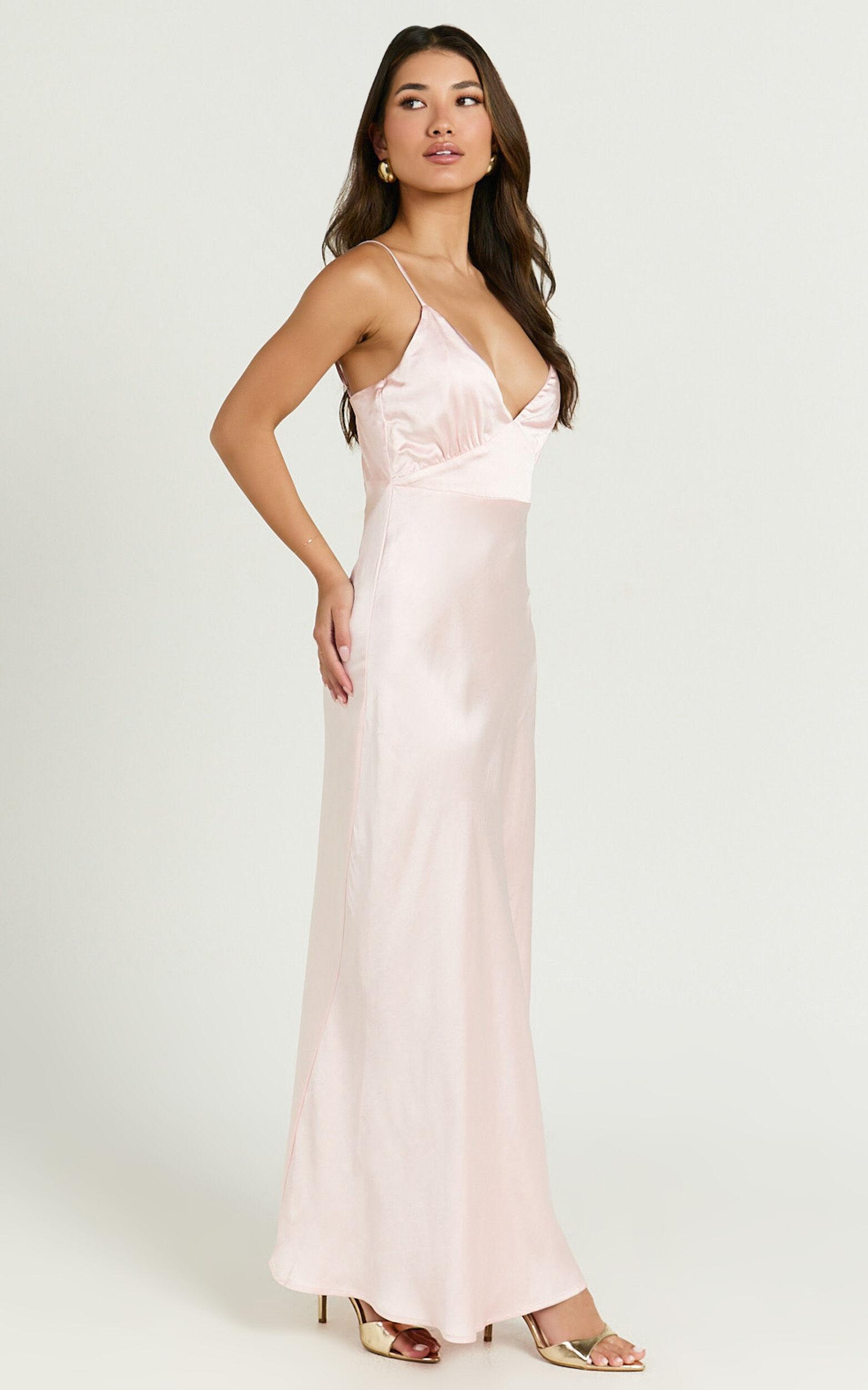 Lorenzia Maxi Dress - Plunge Corset Underbust Detail Satin Dress in Light Pink Product Image