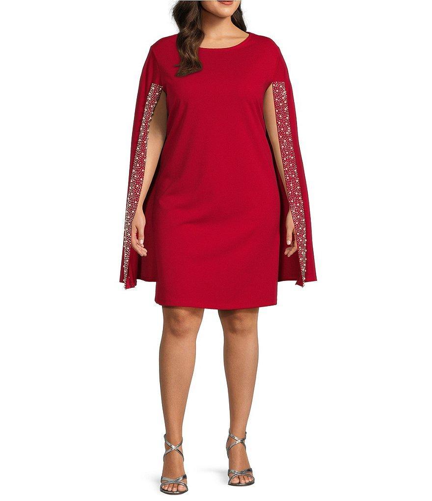 Marina Plus Size Embellished Capelet Long Sleeve Boat Neck Scuba Crepe Sheath Dress Product Image