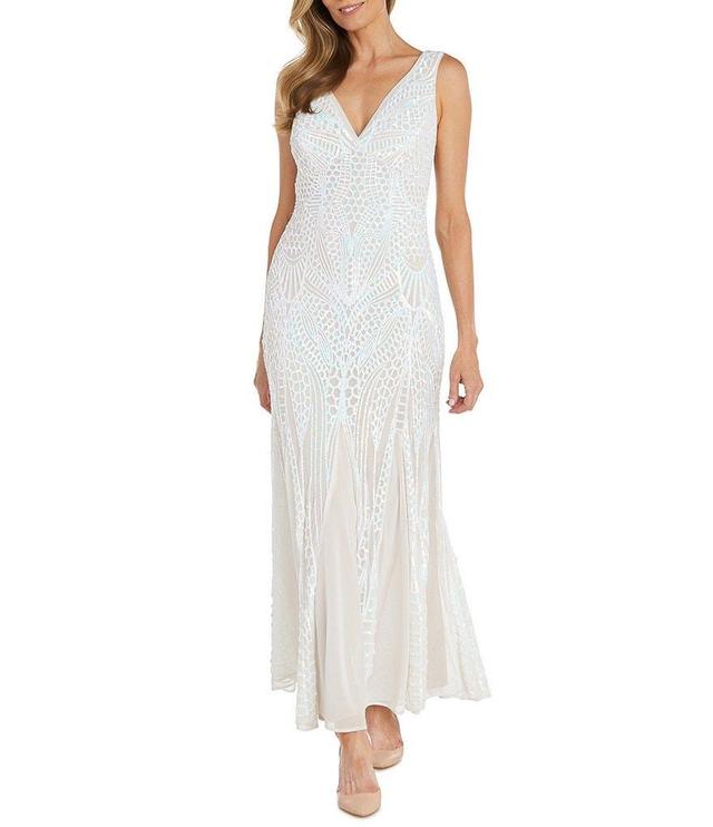 R & M Richards Sleeveless V-Neck Godet Insets Embroidered Iridescent Sequin Power Mesh Gown Product Image