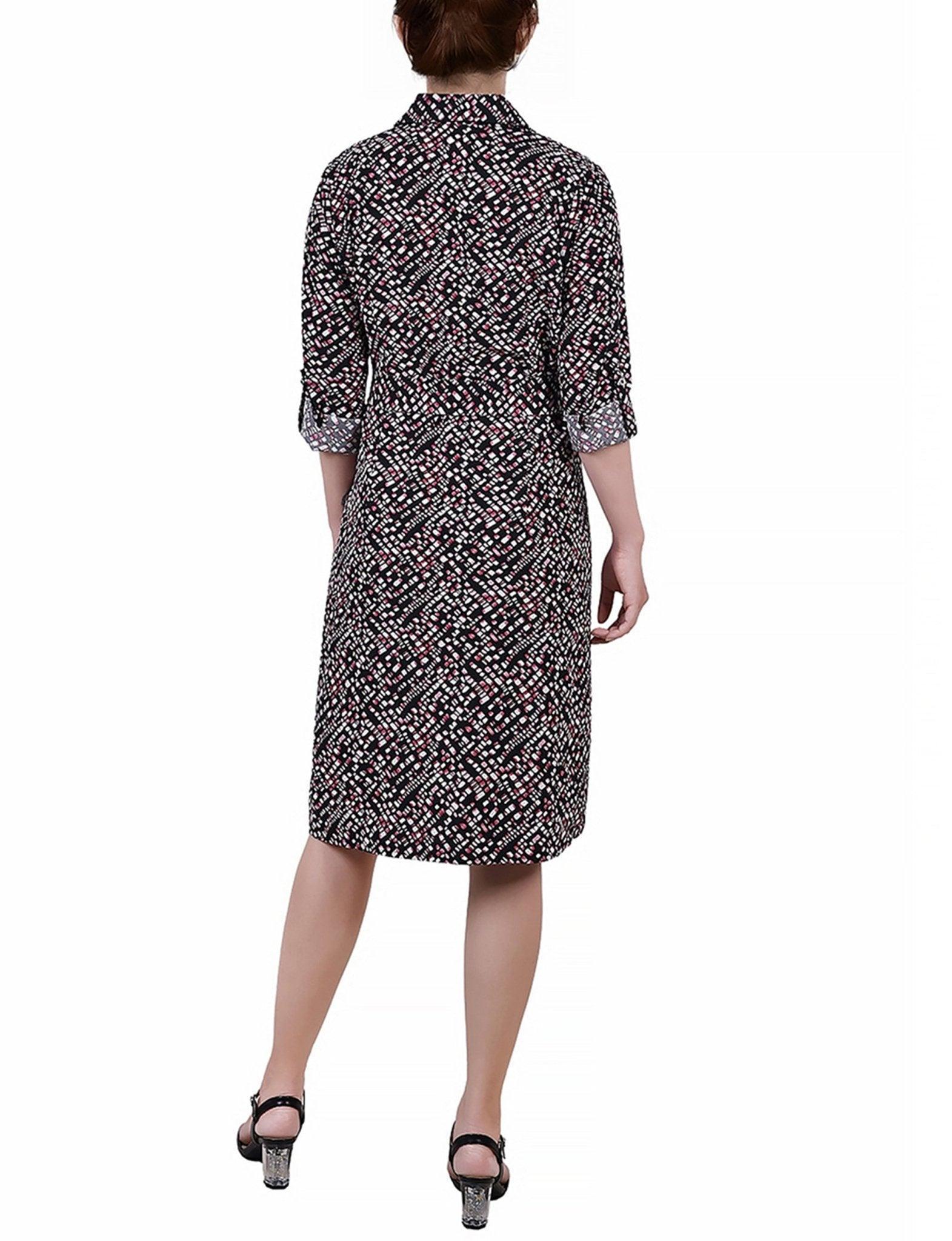 3/4 Length Roll Tab Sleeve Belted Shirtdress - Petite Product Image