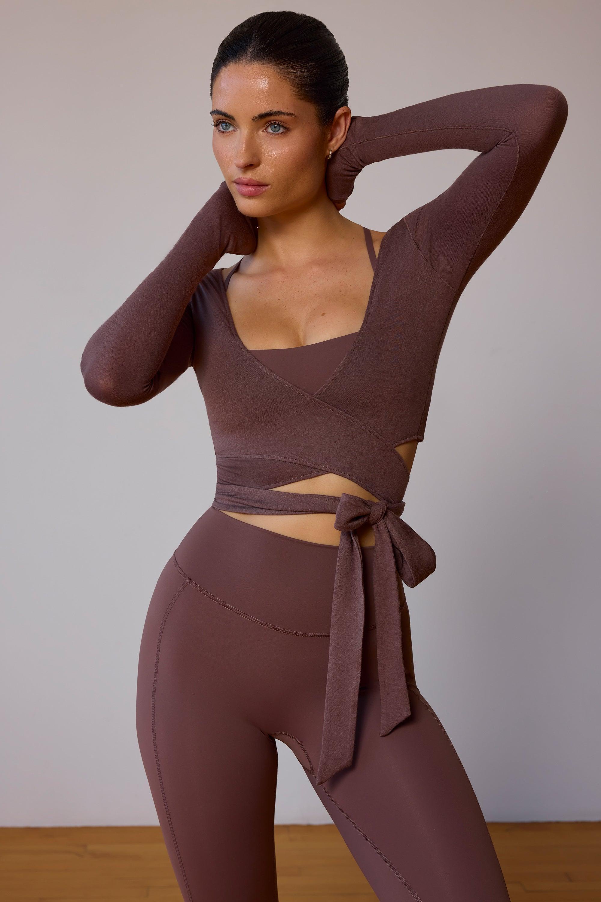 Long-Sleeve Wrap Crop Top in Taupe Brown Product Image