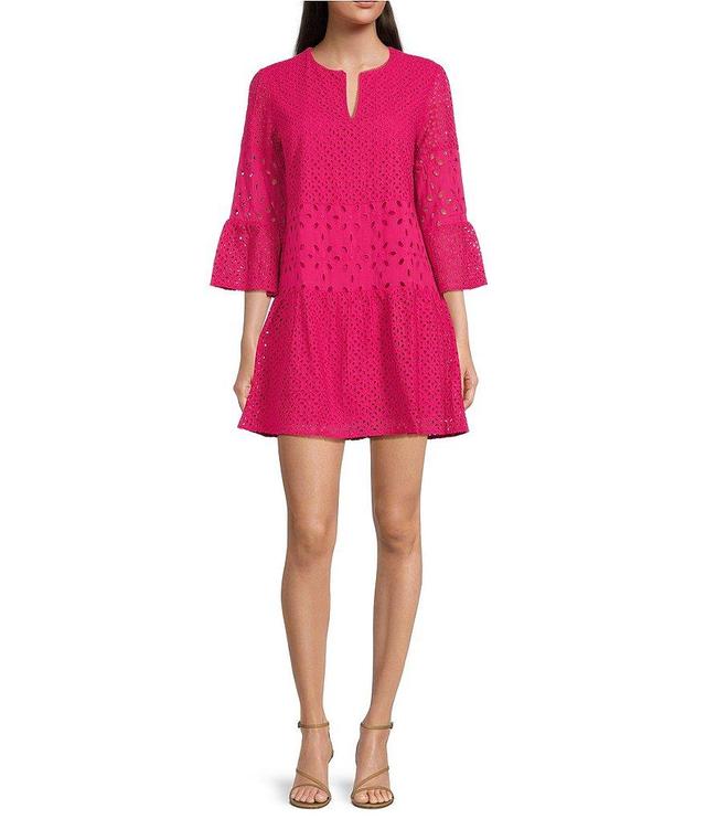 tyler boe Isla Woven Eyelet Split V-Neck 3/4 Bell Sleeve Tiered Drop Waist Dress Product Image