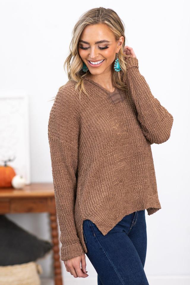 Mocha Cuff Sleeve Notch Neck Sweater Product Image