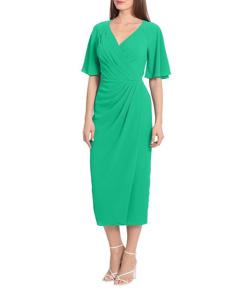 Maggy London Draped Faux Wrap Short Flutter Sleeve Surplice V-Neck Pebble Crepe Midi Dress Product Image