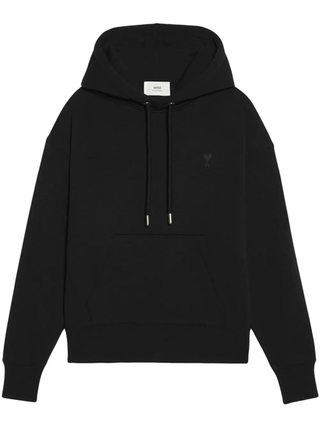 Ami Logo Embroidered Drawstring Hoodie In Black Product Image