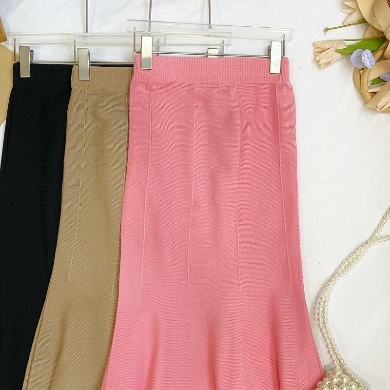 High Waist Plain Fringed Knit Maxi Mermaid Skirt Product Image