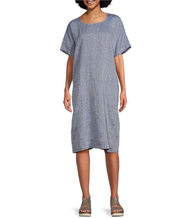 Eileen Fisher Chambray Organic Linen Yarn Dyed Scoop Neck Short Sleeve Midi Shift Dress Product Image