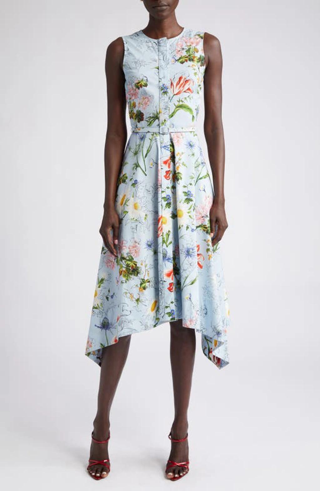 OSCAR DE LA RENTA Asymmetrical Unfinished Floral Cotton Poplin Dress In Light Blue Mult Product Image