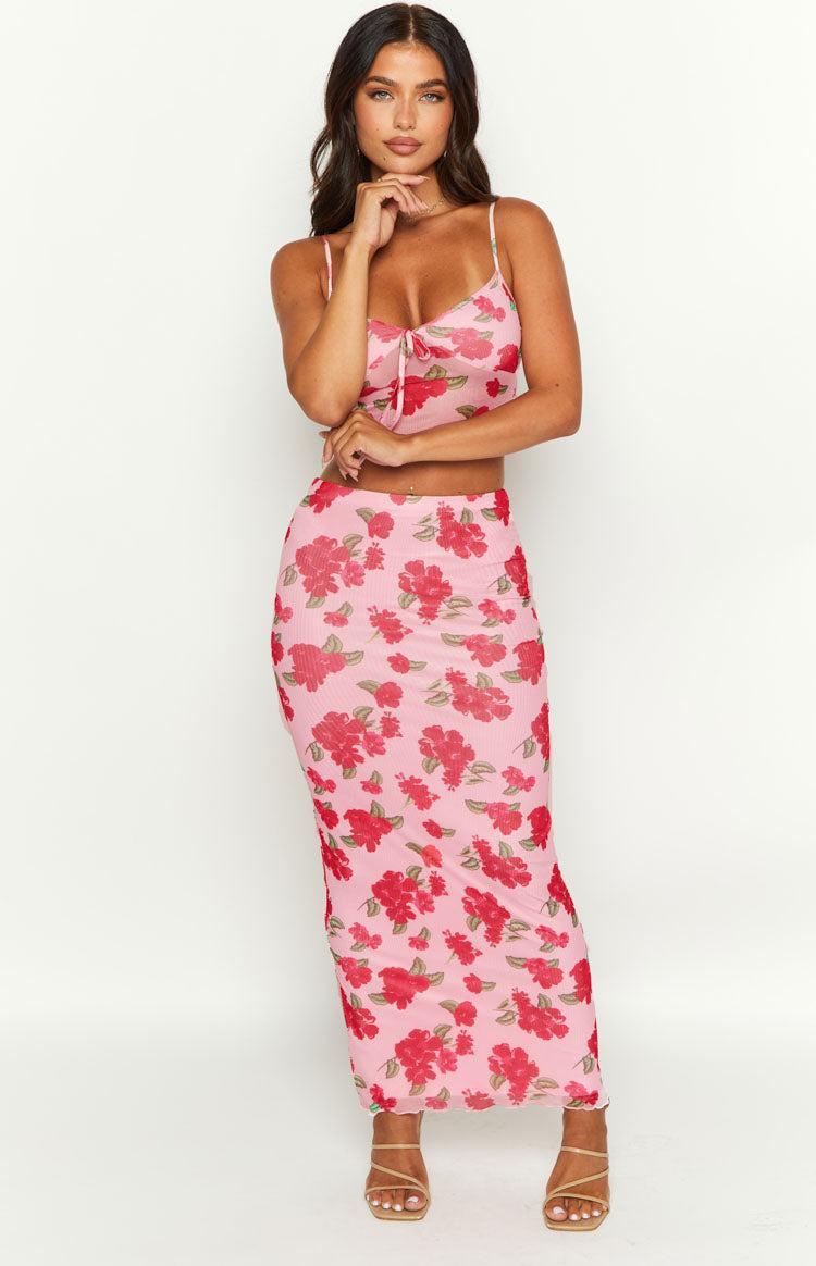 Emz Pink Floral Mesh Midi Skirt Product Image