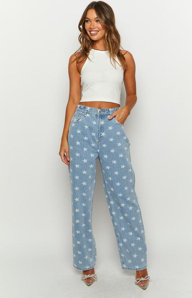 Eli Star Print Mid Wash Wide Leg Denim Jeans Product Image