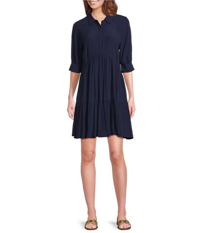 A Loves A Point Collar 3/4 Cuffed Sleeve Button Front Mini Shirt Dress Product Image