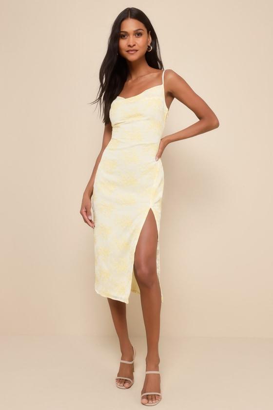 Lovely Existence Light Yellow Embroidered Cowl Neck Midi Dress Product Image