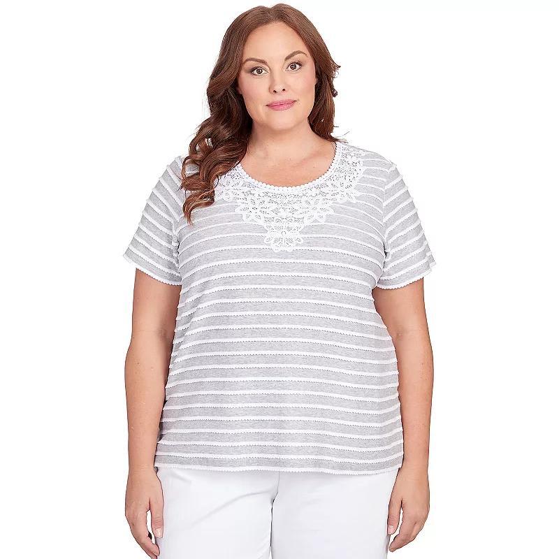 Plus Size Alfred Dunner Lace Neck Striped Split Hem Tee, Womens Grey Grey Product Image