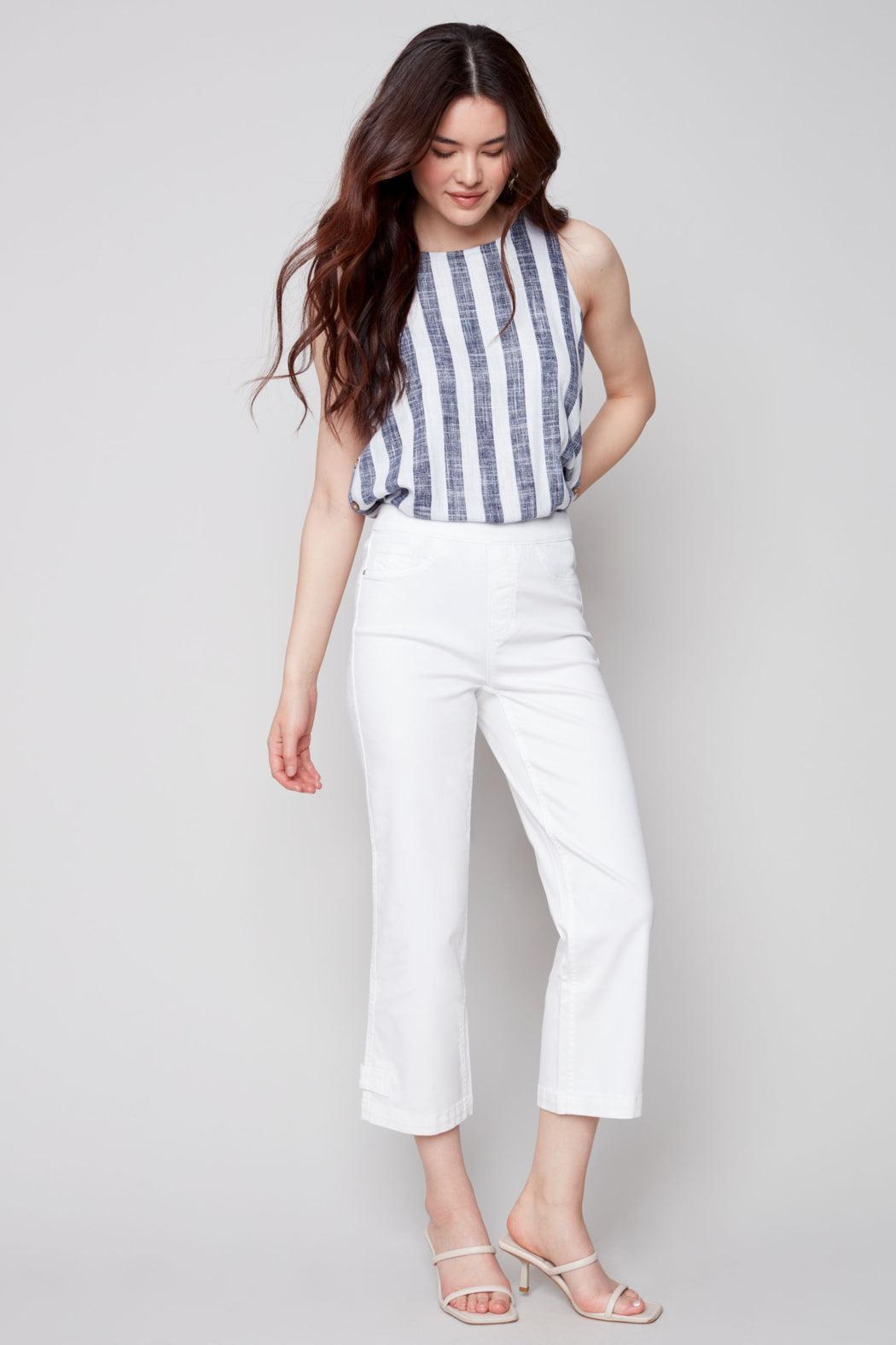 Pull on denim pant with side button detail Product Image