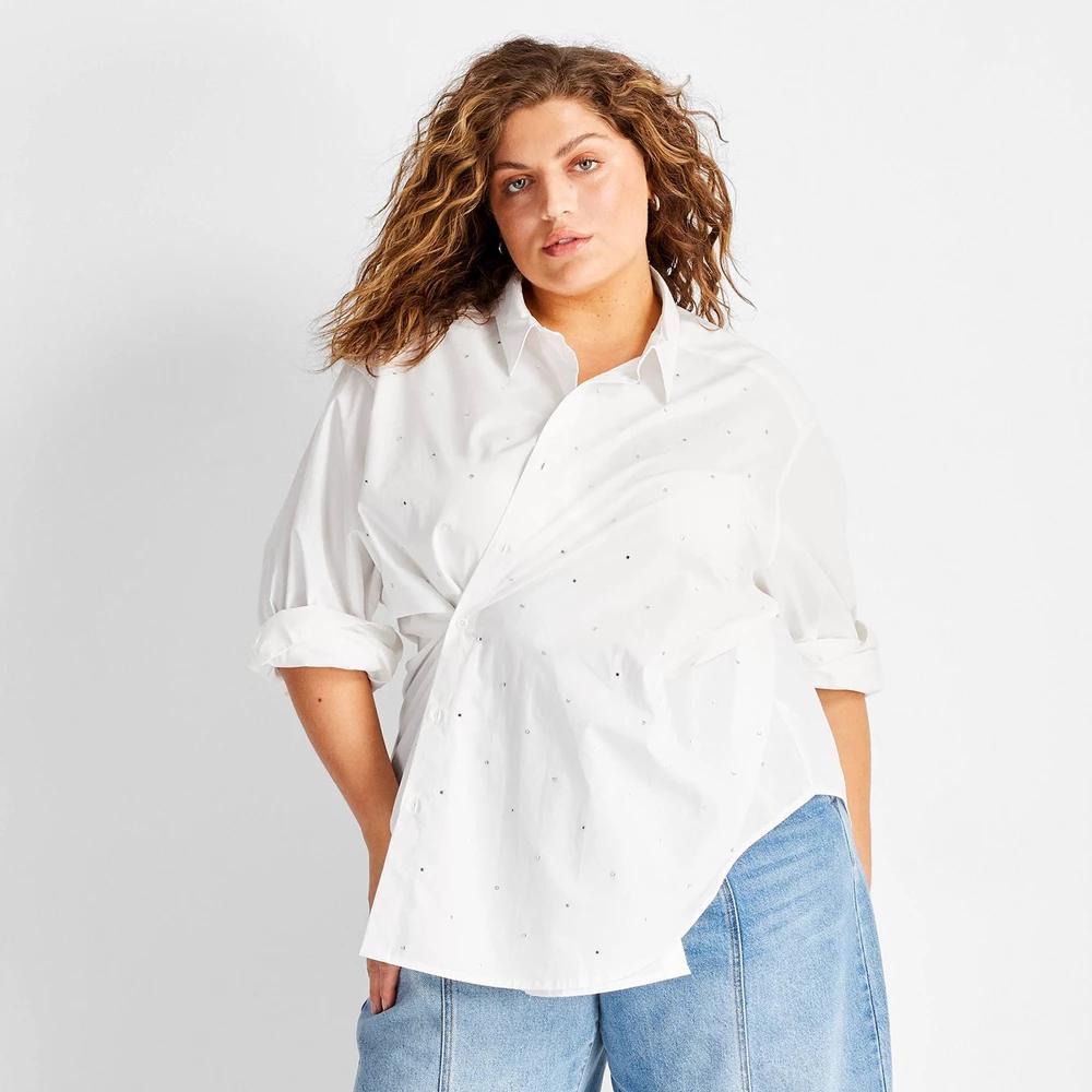 Womens Holiday Long Sleeve Collared Embellished Asymmetrical Button-Down Shirt - Future Collective White 1X Product Image