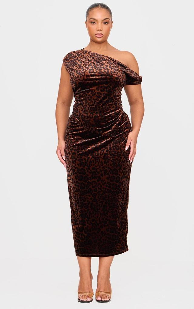 Plus Brown Velvet Animal Print Midi Skirt Product Image