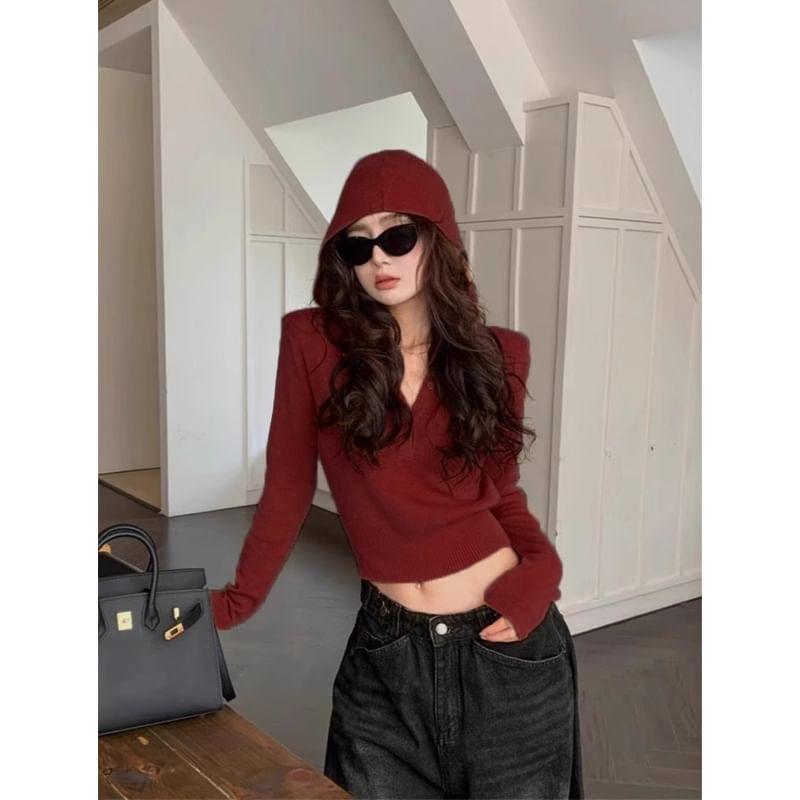 Long-Sleeve Henley Plain Hooded Crop Knit Top Product Image