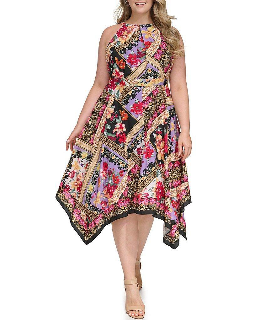 Vince Camuto Plus Size Floral Print V-Neck 3/4 Sleeve Chiffon Midi Dress Product Image