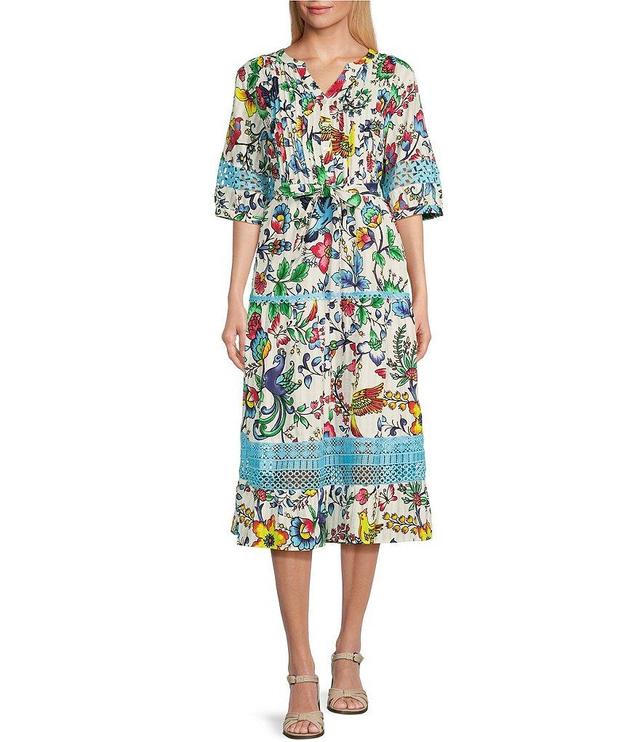 John Mark Floral Print Split Neck Short Sleeve Lace Trim Button Front Midi Dress Product Image