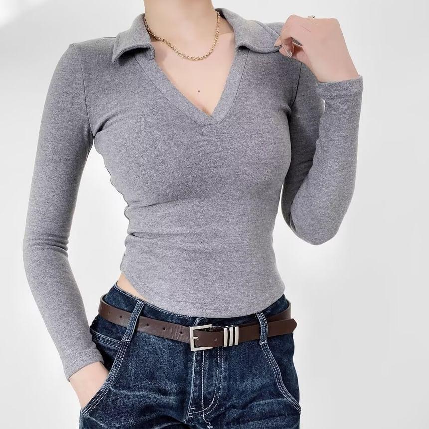 Long Sleeve V-Neck Plain Slim-Fit Polo Top Product Image