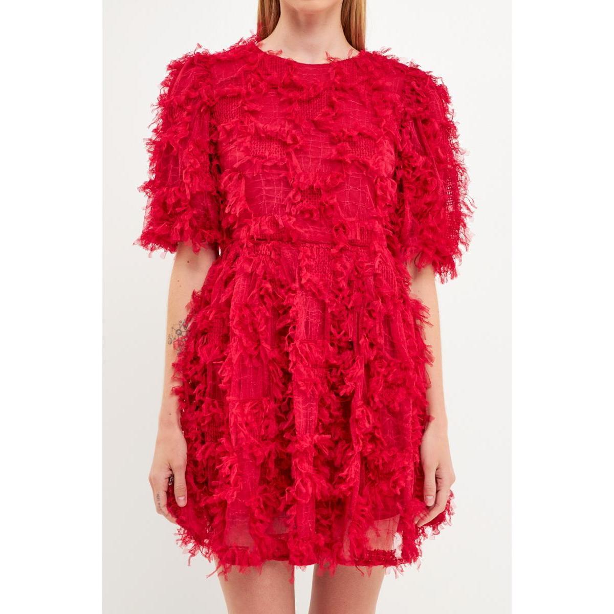 endless rose Womens Gridded Mesh Feathered Puff Sleeve Mini Dress Product Image