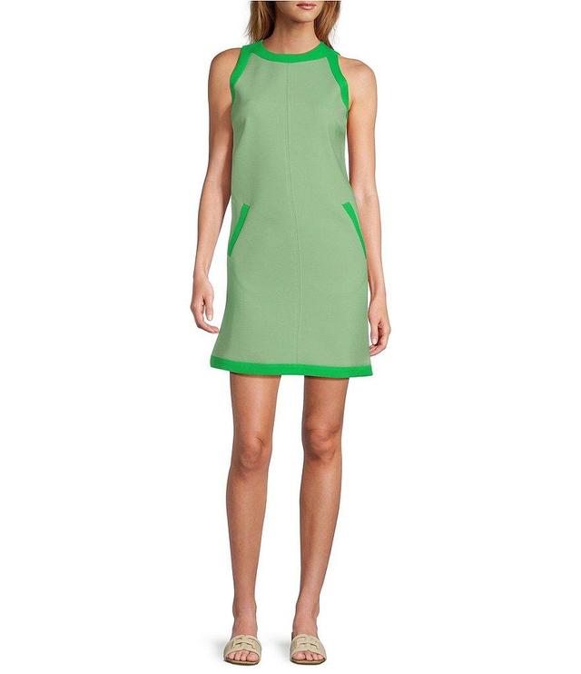 Tara Jarmon Rajane Gabardine Woven Halter Neck Sleeveless Contrast Trim Sheath Mini Dress Product Image