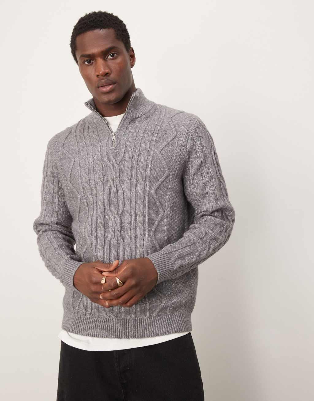 ASOS DESIGN heavyweight cable knit quarter zip sweater in charcoal Product Image