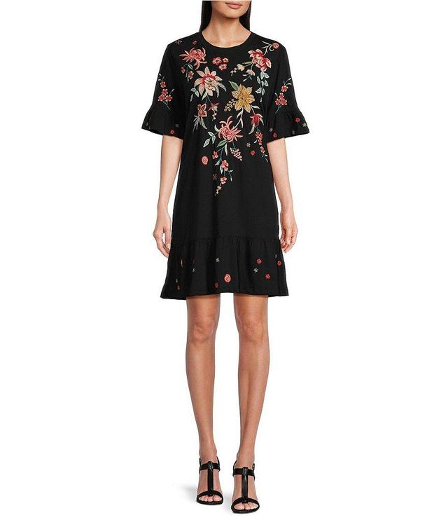 JOHNNY WAS Andrean Placement Floral Embroidery Knit Jersey Round Neck Short Sleeve Shift Dress Product Image