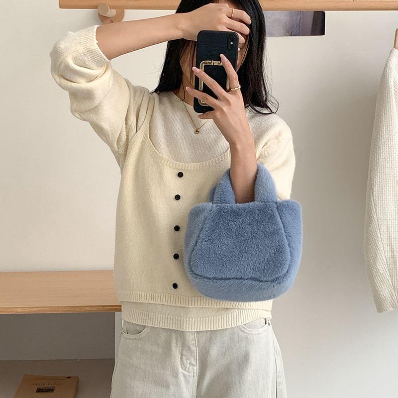 Top Handle Plain Fleece Crossbody Bag Product Image