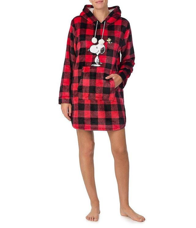 Peanuts Checkered Print Snoopy Long Sleeve Hooded Cozy Knit Holiday Tunic Product Image