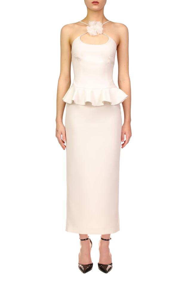 White Crepe Dress With Peplum Detail And Flower Pin Product Image